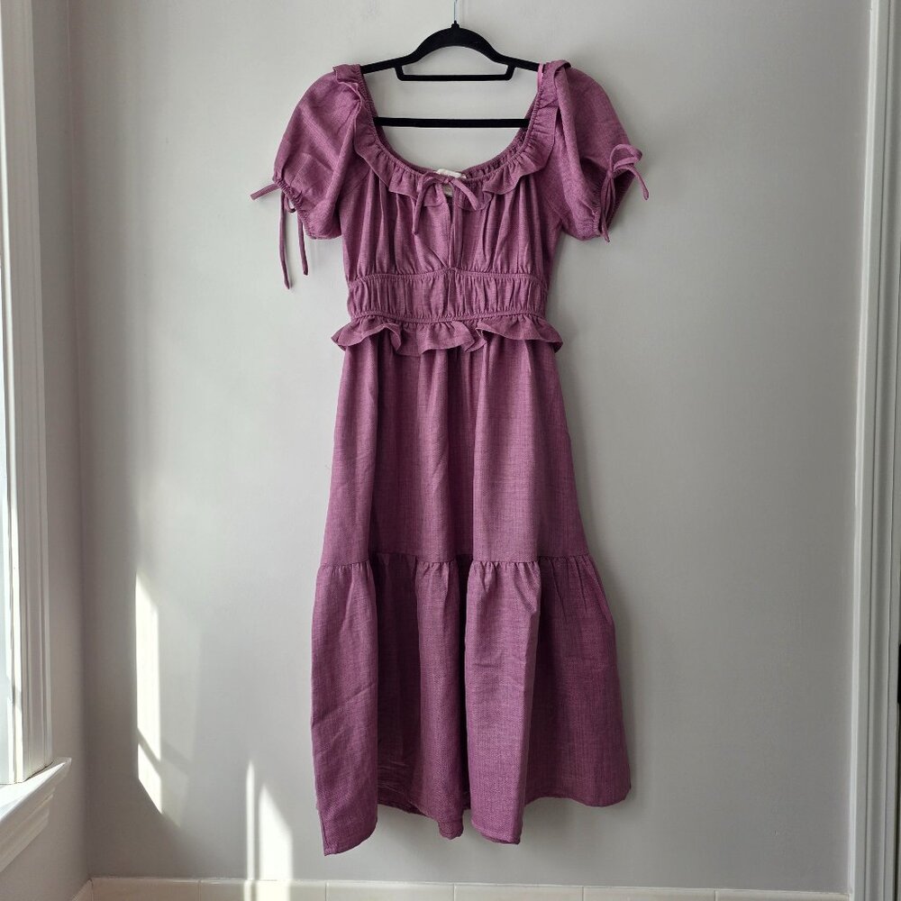MONTEAU Mauve Tiered Skirt Midi Dress | Small | Smocked Waist Puff Sleeve Ruffle